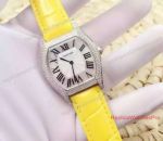 Fake Cartier Tortue SS Silver Face Diamond Bezel Yellow Leather Band 39mm Watch
